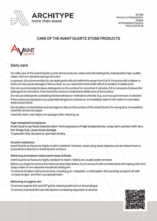 Avant Quartz. Tuotteen hoito-ohjeet